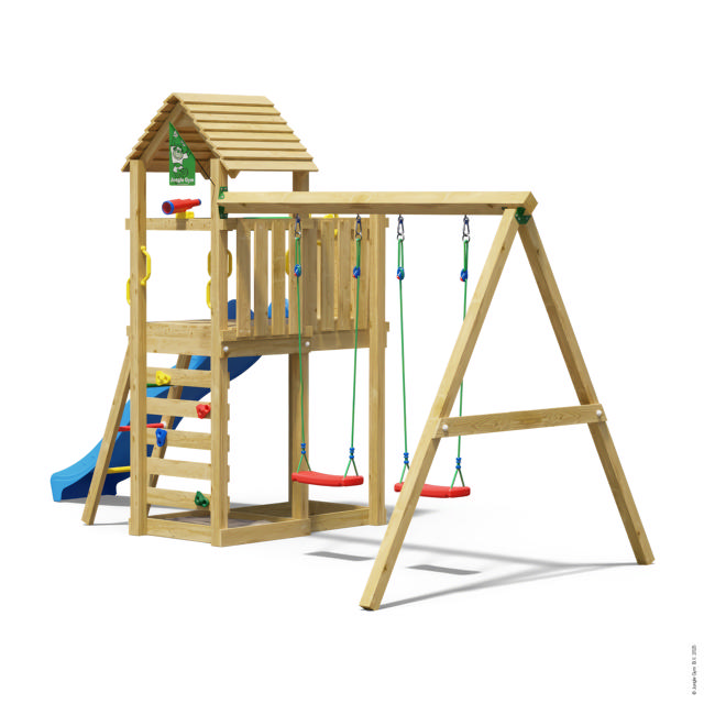 Legetårn Jungle Gym Safari m/2-Swing Module 200 og blå rutsjebane