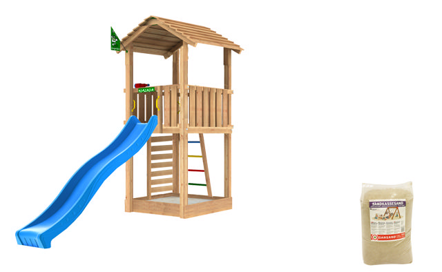 Legetårn Jungle Gym Cottage 2.1 m/blå rutschebane og 120 kg sand